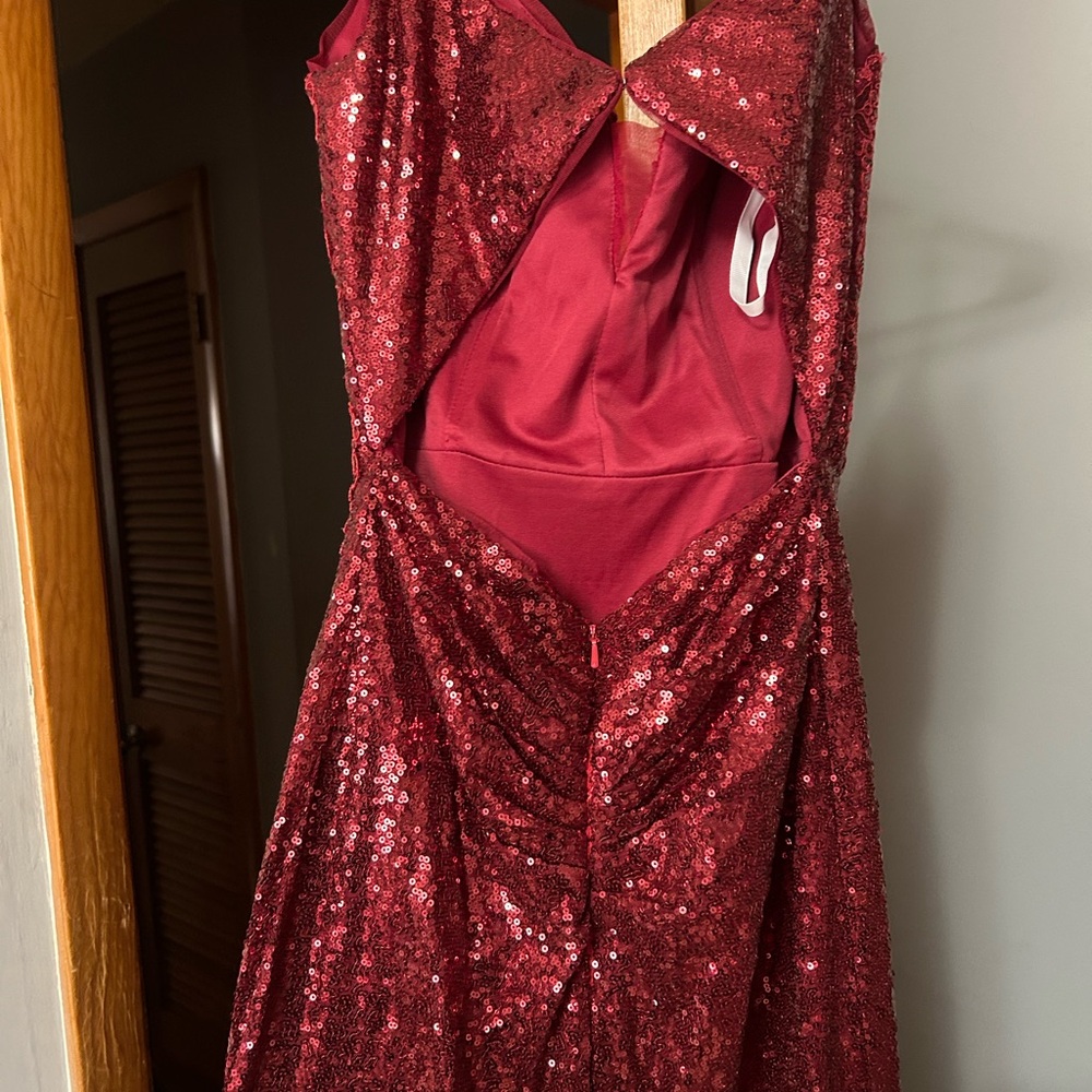 Red Sequin Ruched Prom Gown - Picture 4 of 4